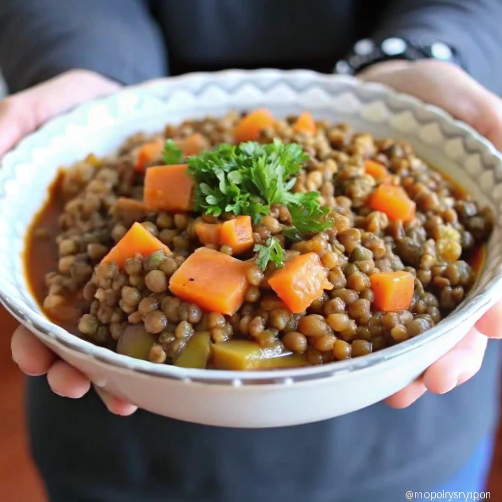 lentilles vertes cuites avec carottes et herbes fraîches servi dans un plat blanc
