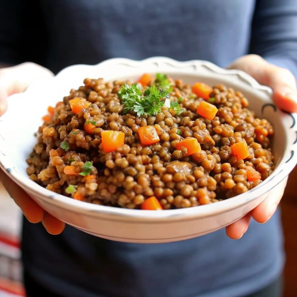 Bol de lentilles vertes cuites avec dés de carottes et persil frais tenu à la main