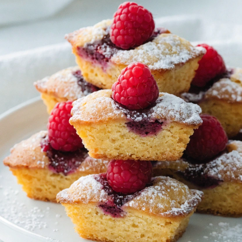Financiers framboise noisette moelleux empilés sur une assiette, garnis de framboises fraîches et légèrement saupoudrés de sucre glace, texture tendre et dorée.
