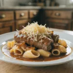 Paupiettes de bœuf et coquillettes au jus dorées, nappées de sauce et emmental râpé