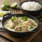 Poulet au lait de coco crémeux servi en cocotte avec coriandre fraîche et riz basmati