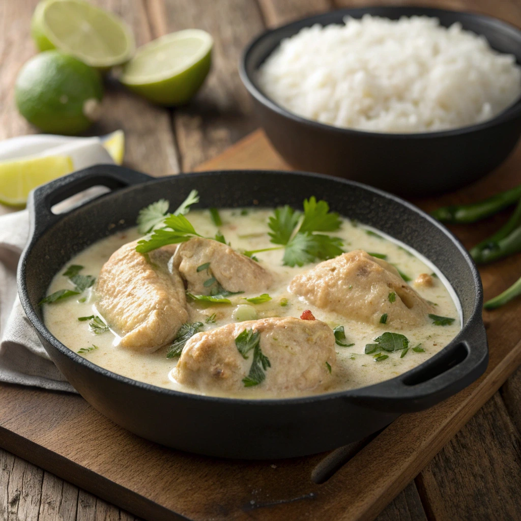 Poulet au lait de coco crémeux servi en cocotte avec coriandre fraîche et riz basmati