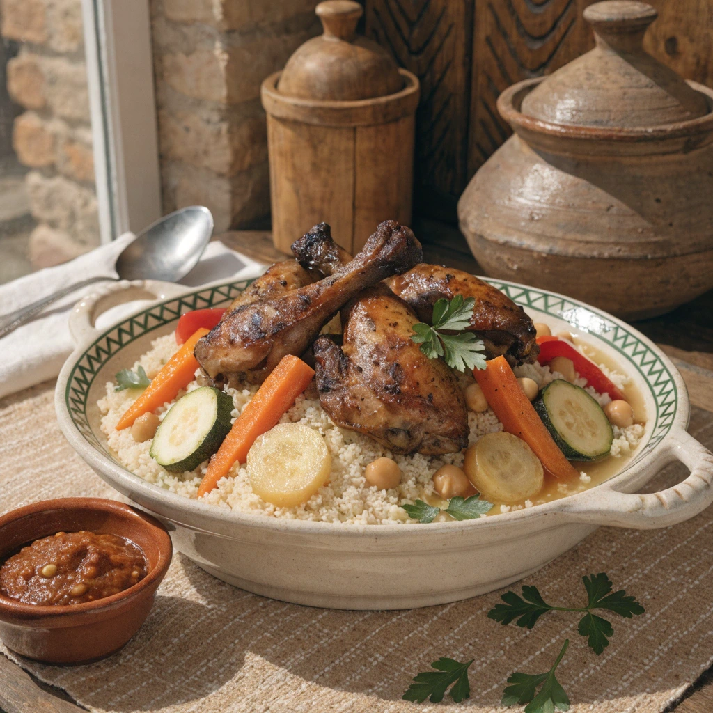 Couscous au poulet traditionnel avec légumes et pois chiches,