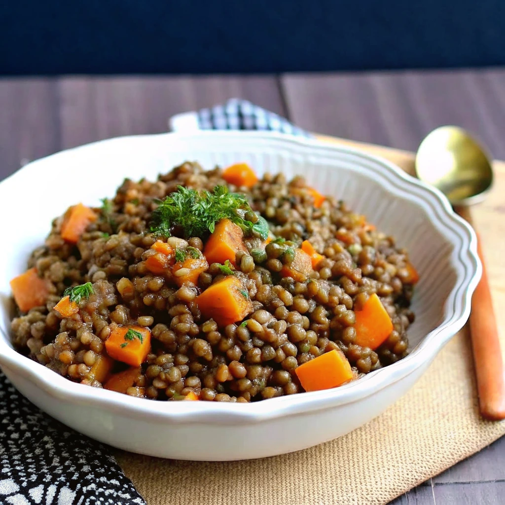 Bol de recette lentilles vertes cuites avec carottes et herbes fraîches servi dans un plat blanc rustique