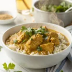 Bol de riz poulet curry avec riz basmati, sauce crémeuse et coriandre fraîche