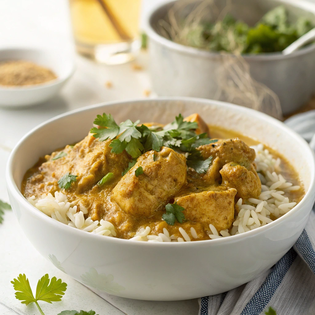 Bol de riz poulet curry avec riz basmati, sauce crémeuse et coriandre fraîche