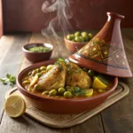 Tajine de poulet marocain traditionnel avec citrons confits et olives vertes servi dans un plat en terre cuite fumant