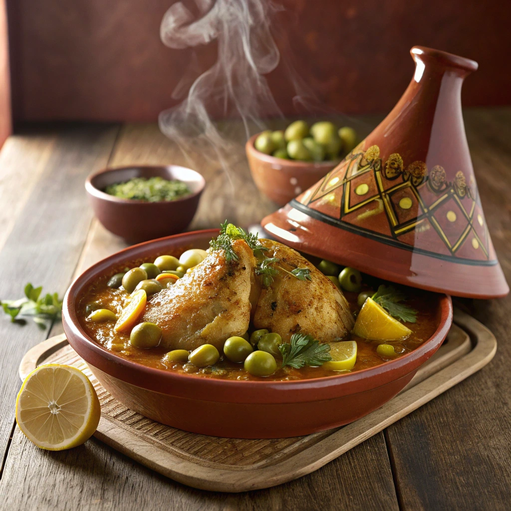 Tajine de poulet marocain traditionnel avec citrons confits et olives vertes servi dans un plat en terre cuite fumant