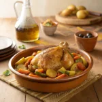 Tajine poulet légumes marocain avec citron confit et olives servi dans un plat en terre cuite