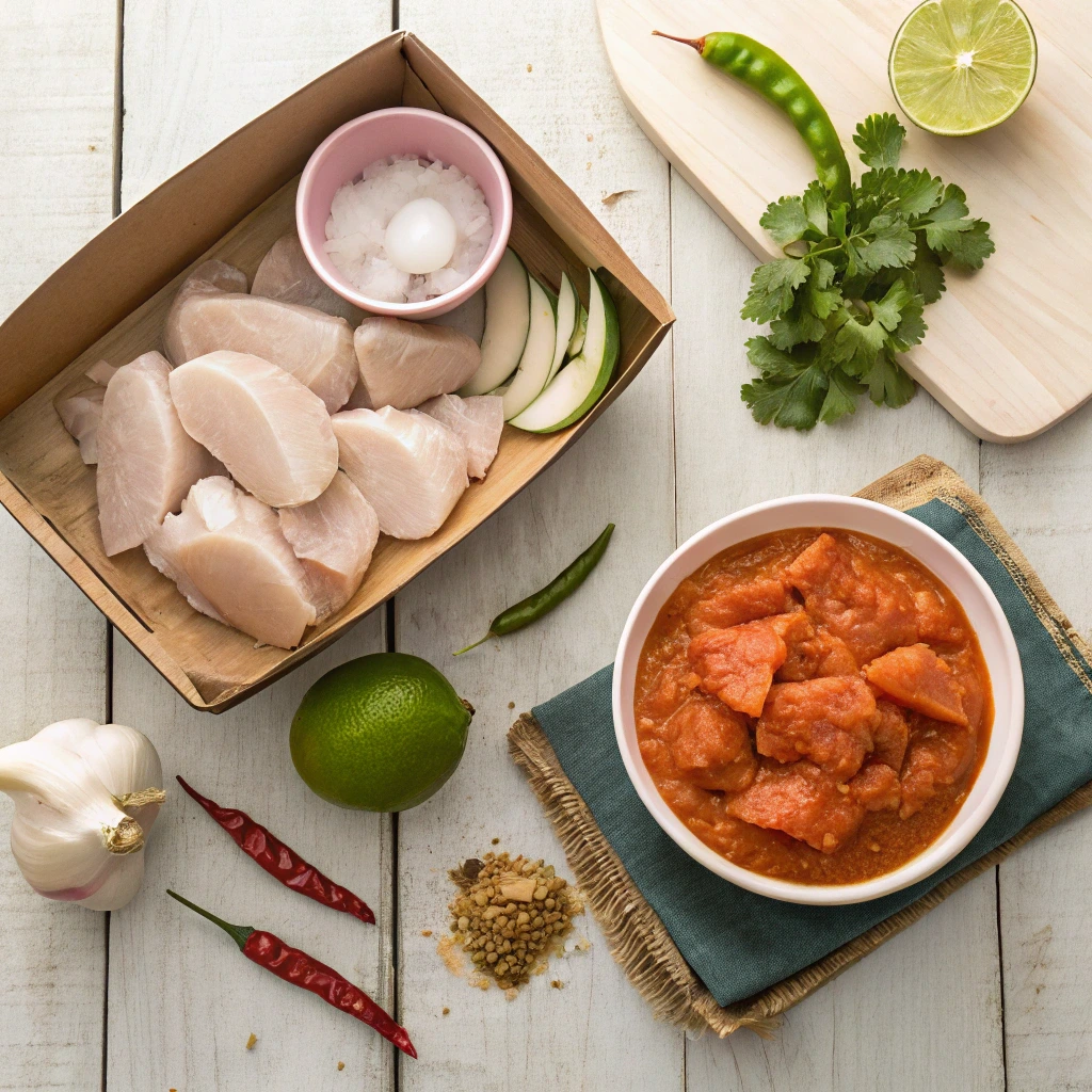 Ingrédients pour poulet au lait de coco avec blancs de poulet, pâte de curry, citron vert et coriandre