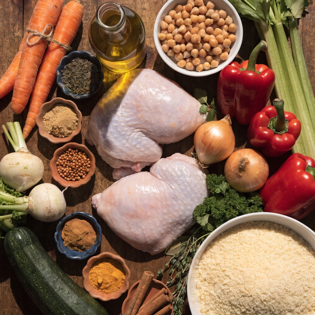 Ingrédients frais pour couscous au poulet avec cuisses de poulet, carottes, courgette, pois chiches, semoule et épices marocaines