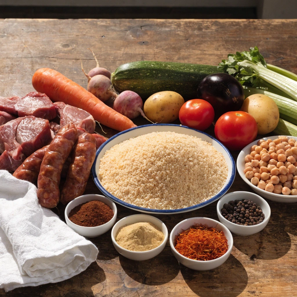Préparation traditionnelle des ingrédients du couscous marocain avec semoule, agneau, merguez, pois chiches et légumes frais