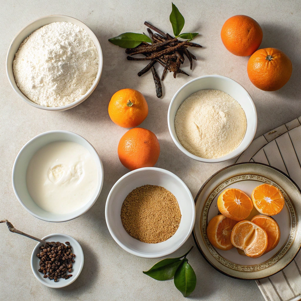Ingrédients des crêpes Nina Métayer avec farine, lait, crème, mandarine, fève tonka et beurre noisette