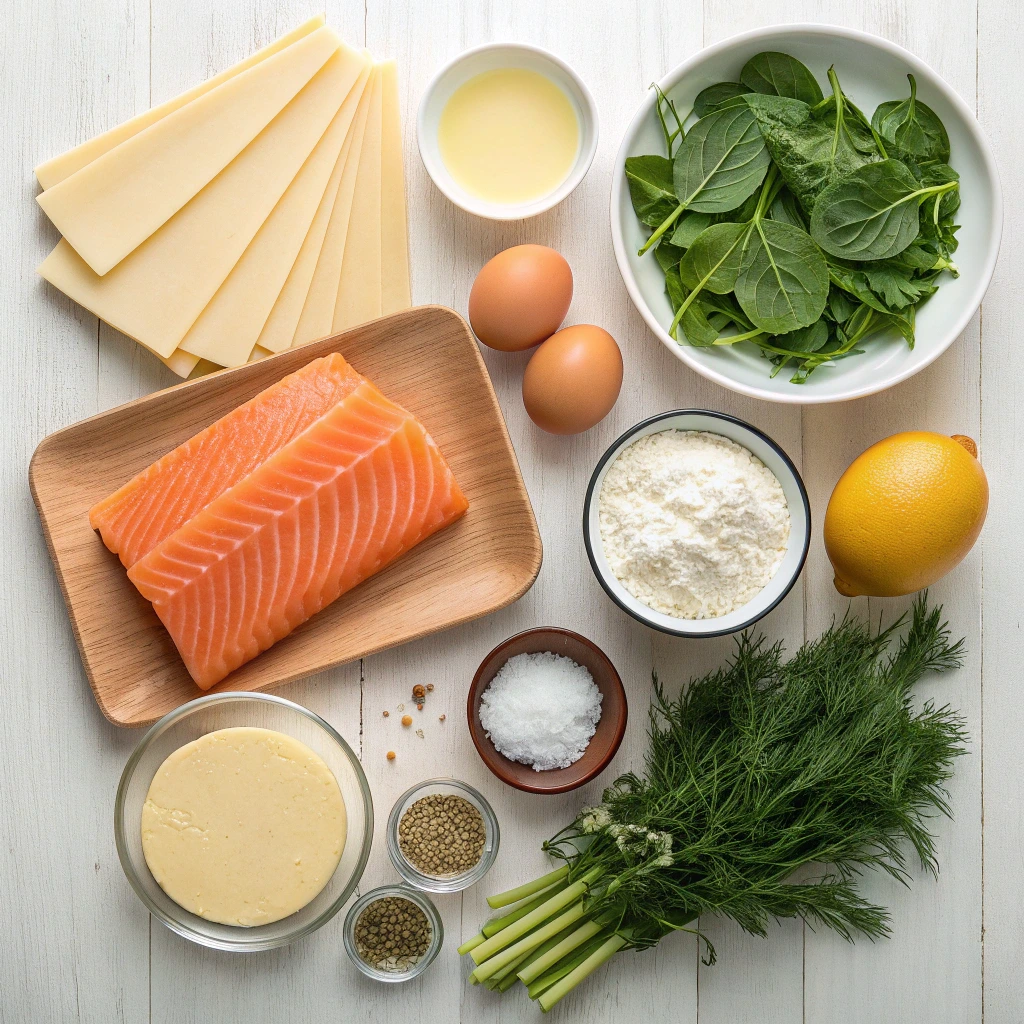 Ingrédients pour lasagnes saumon épinards avec saumon frais, épinards, plaques de lasagnes, fromage, œufs et citron