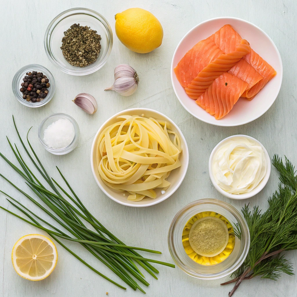 Ingrédients pour pâtes au saumon fumé avec crème citron et herbes