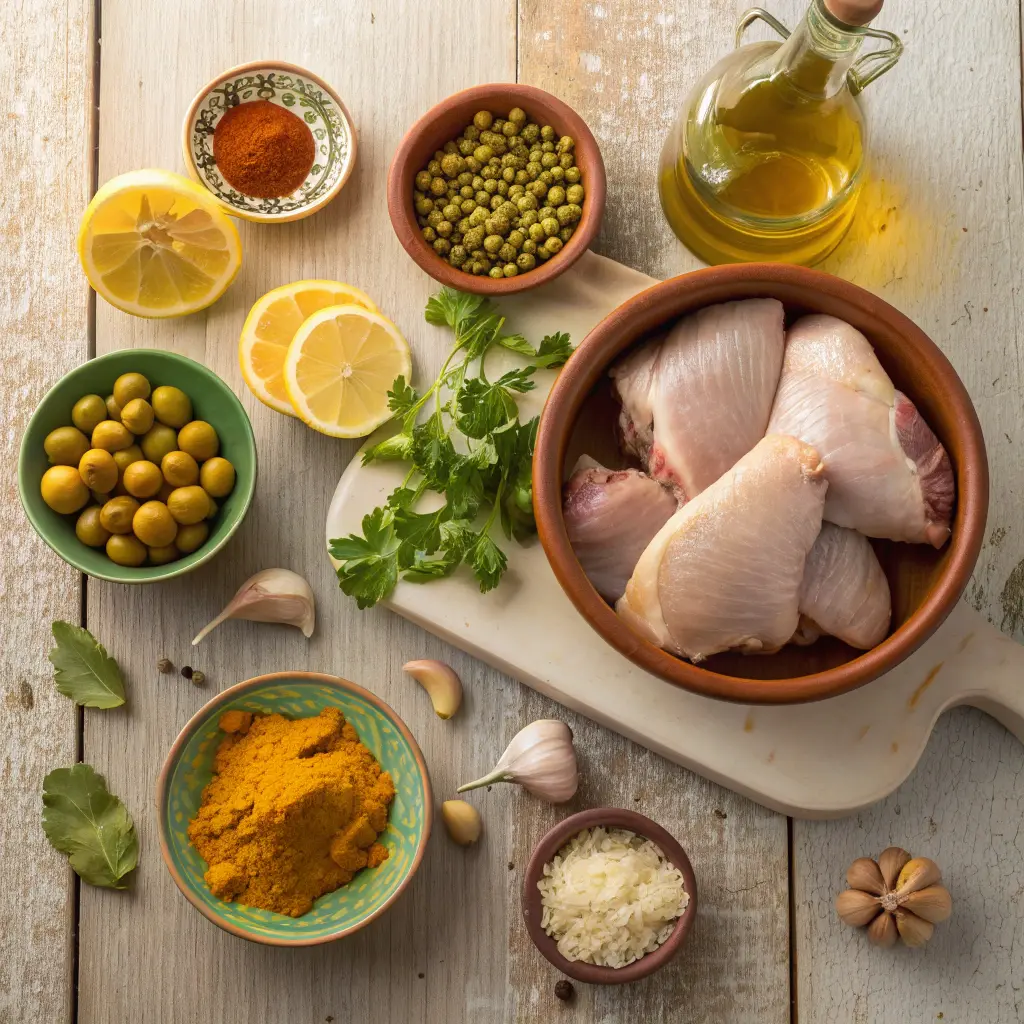 Ingrédients du tajine de poulet marocain avec cuisses de poulet, citrons, olives vertes, coriandre fraîche, ail, huile d’olive et épices sur table en bois