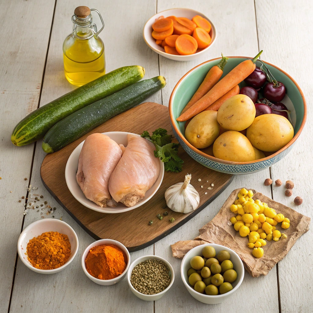 Ingrédients tajine poulet légumes avec cuisses de poulet, carottes, courgettes, pommes de terre, pois chiches, olives et épices marocaines