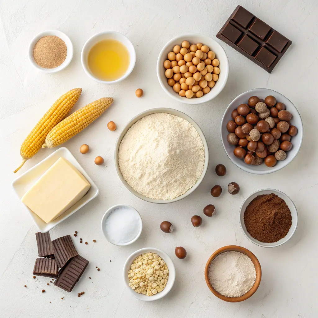 Ingrédients pour cake chocolat noisettes disposés à plat avec chocolat noir, noisettes, farine, beurre et cacao