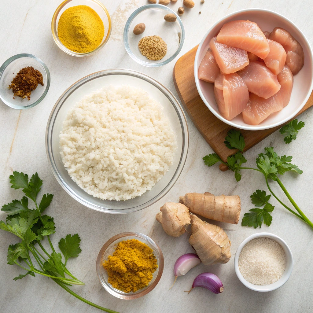 Ingrédients riz poulet curry avec poulet cru, riz basmati, curry, gingembre et coriandre fraîche