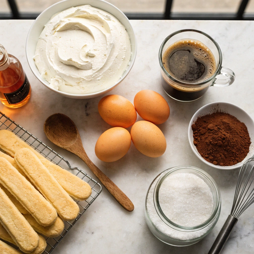 Ingrédients du tiramisu italien avec mascarpone, œufs, biscuits à la cuillère, café espresso, cacao et sucre