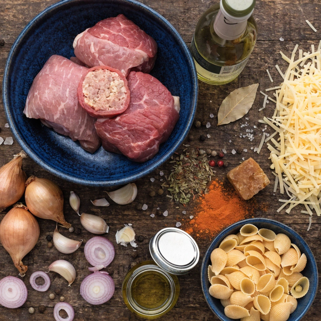 Ingrédients des paupiettes de bœuf et coquillettes au jus avec viande crue, échalotes, ail, épices et emmental râpé