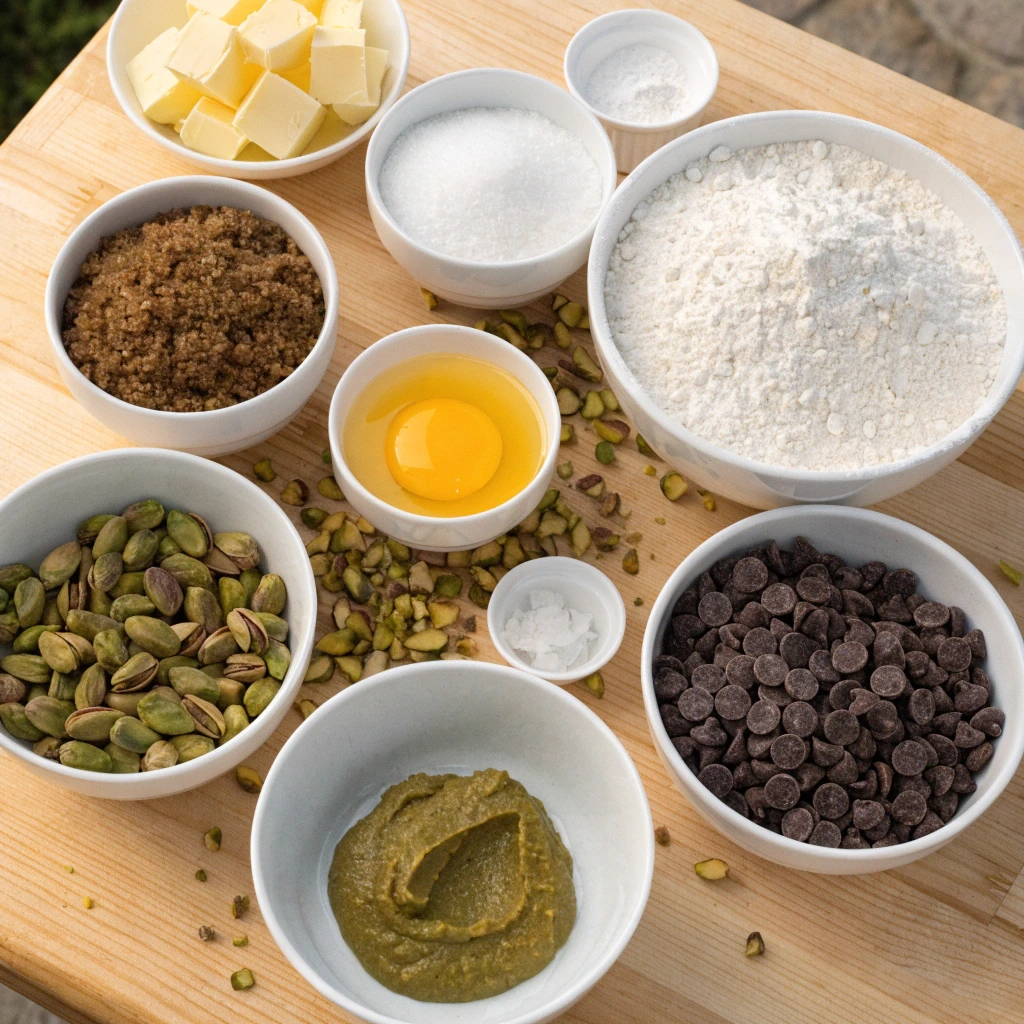 Ingrédients pour cookies à la pistache avec beurre, cassonade, farine, œuf, pâte de pistache, pistaches et pépites de chocolat