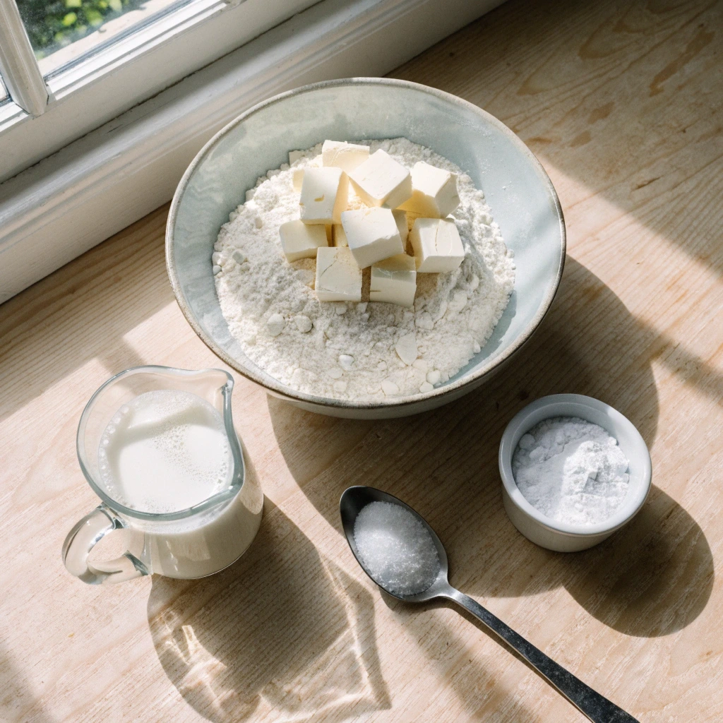 Ingrédients pour scones anglais avec farine T55, beurre demi sel froid en cubes, lait ribot, sucre et levure chimique