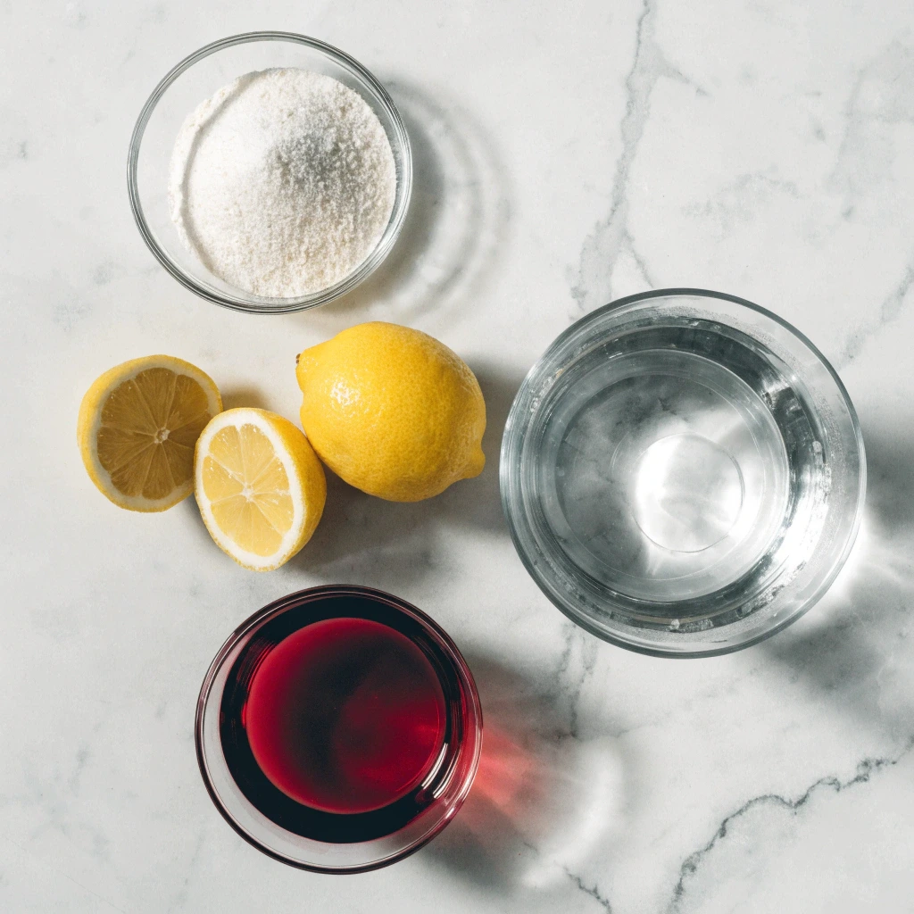 Unflavored gelatin powder, cranberry juice, water, and fresh lemons on a marble surface for Dr Oz pink gelatin recipe