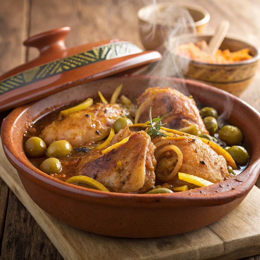 Tajine poulet olive avec citron confit et sauce onctueuse servi dans un plat