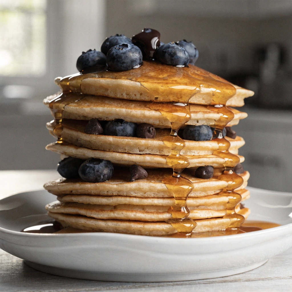 pancakes moelleux épais avec sirop d érable et myrtilles sur assiette blanche