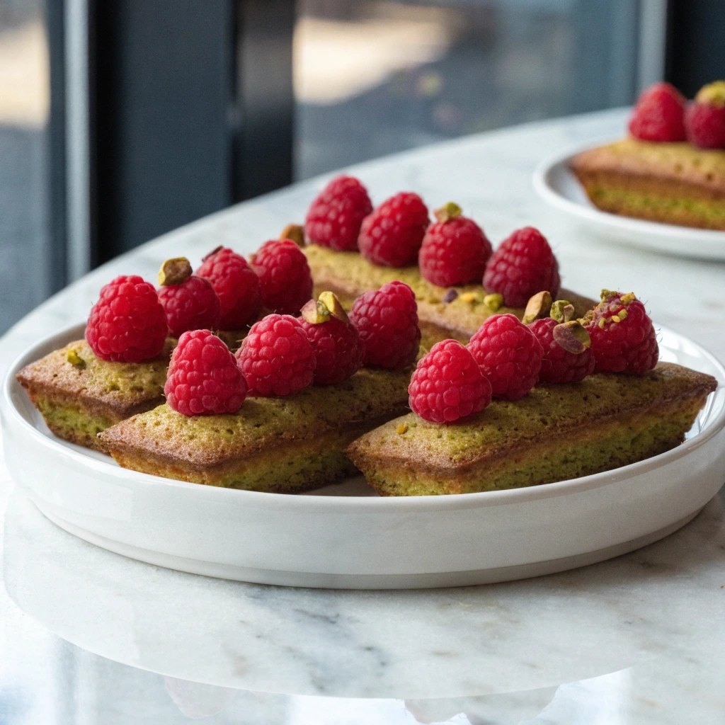 Financiers pistache framboise moelleux, petits gâteaux rectangulaires dorés garnis de framboises fraîches et éclats de pistache sur une assiette blanche.