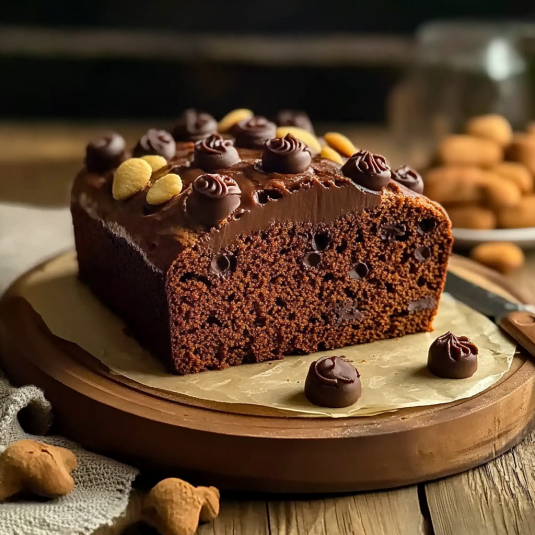 cake chocolat noisettes moelleux avec glaçage au chocolat et éclats de noisettes sur planche en bois