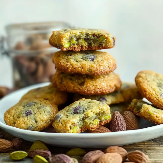 Cookies à la pistache moelleux aux bords dorés avec éclats de pistaches