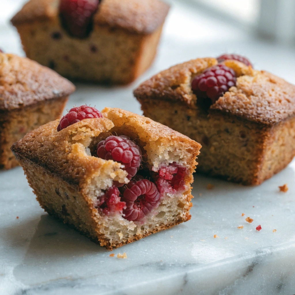 Financier framboise moelleux coupé en deux, montrant une texture tendre à l’amande et des framboises