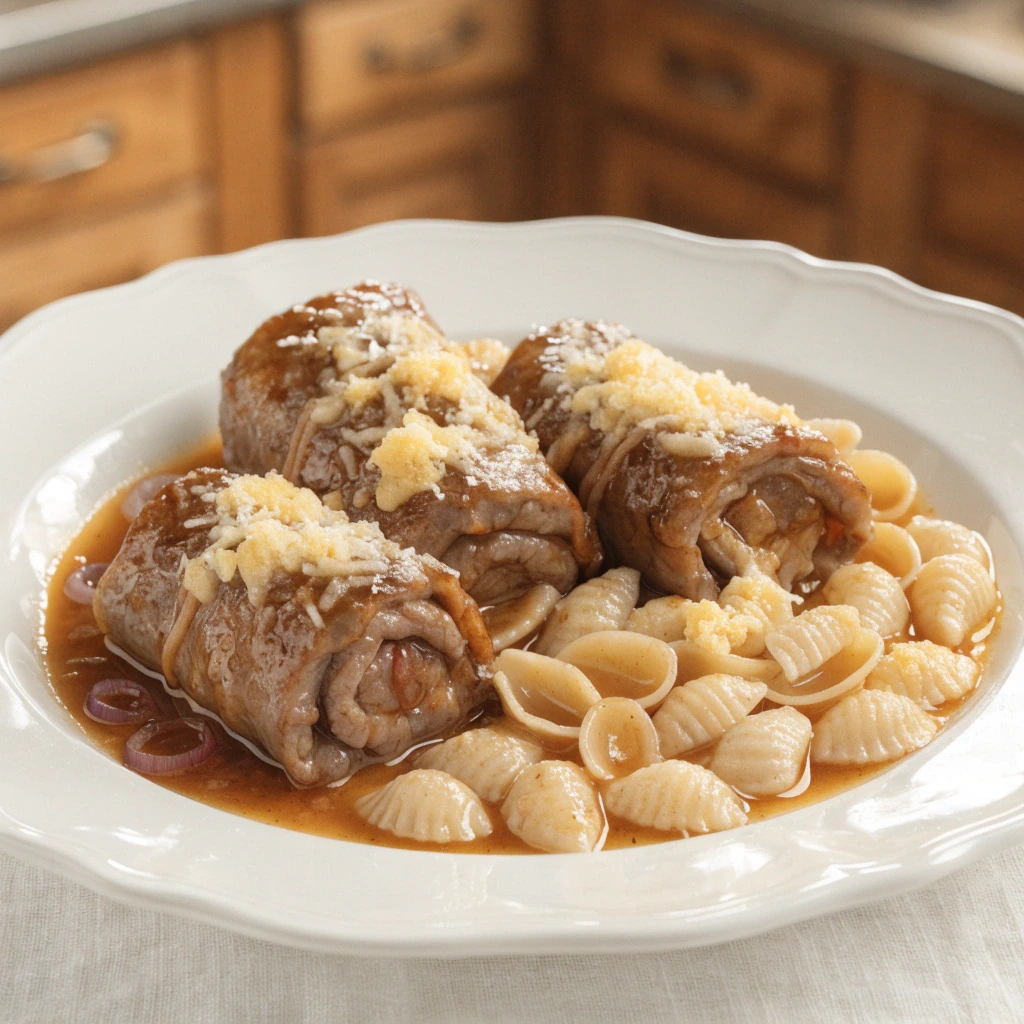 Paupiettes de bœuf et coquillettes au jus maison, viande dorée et sauce généreuse