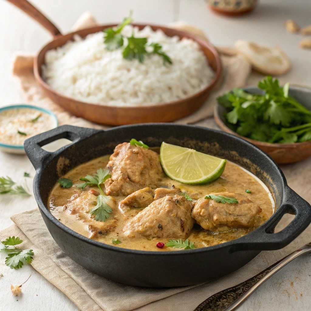 Poulet au lait de coco crémeux servi en cocotte avec coriandre fraîche et riz