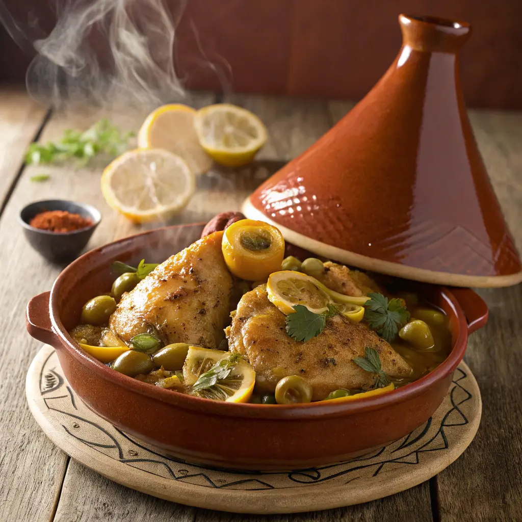 Tajine de poulet marocain traditionnel avec citrons confits et olives