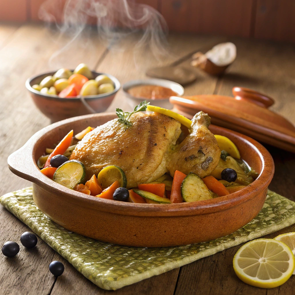 Tajine poulet légumes marocain avec citron confit et olives servi dans un plat