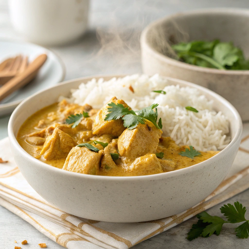 Riz poulet curry maison avec sauce onctueuse au lait de coco et riz basmati parfumé