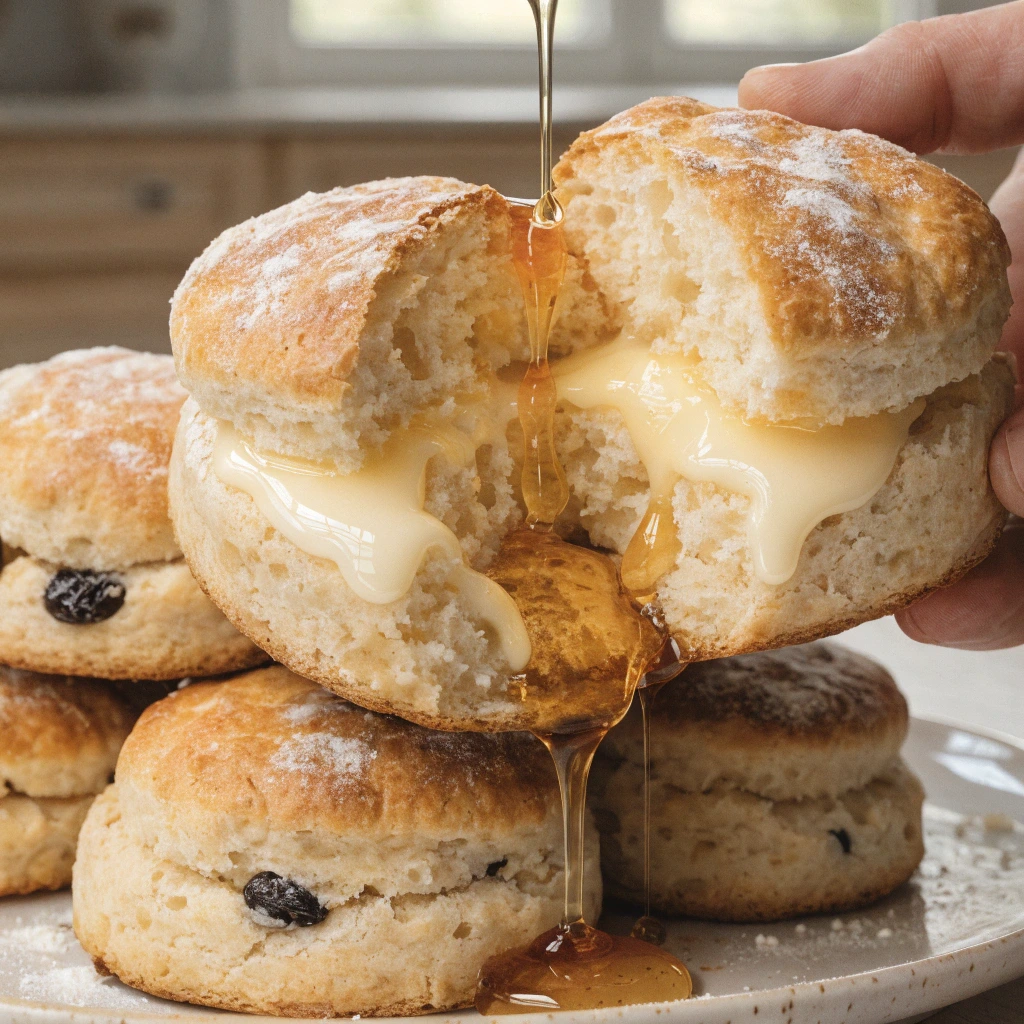 Scones anglais maison ouverts à la main avec beurre fondant et miel coulant montrant une texture sablée et moelleuse