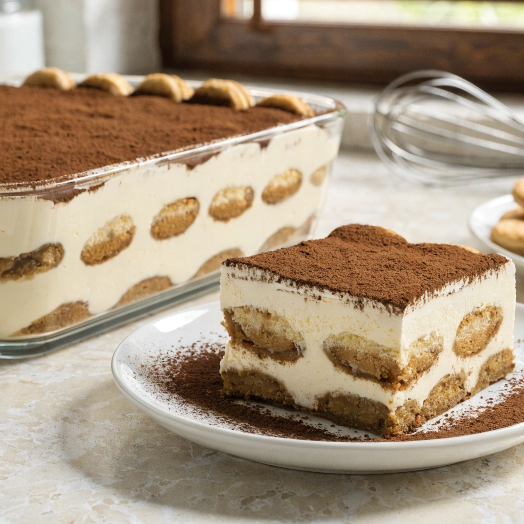 Part de tiramisu recette italien ferme avec couches de mascarpone et biscuits imbibés de café saupoudrée de cacao