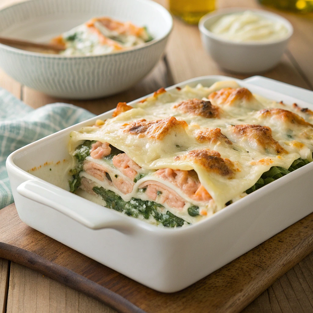 Lasagnes saumon épinards crémeuses avec béchamel onctueuse et fromage gratiné dans un plat blanc