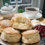 Scones anglais maison bien gonflés avec texture sablée servis avec clotted cream et confiture de fraise