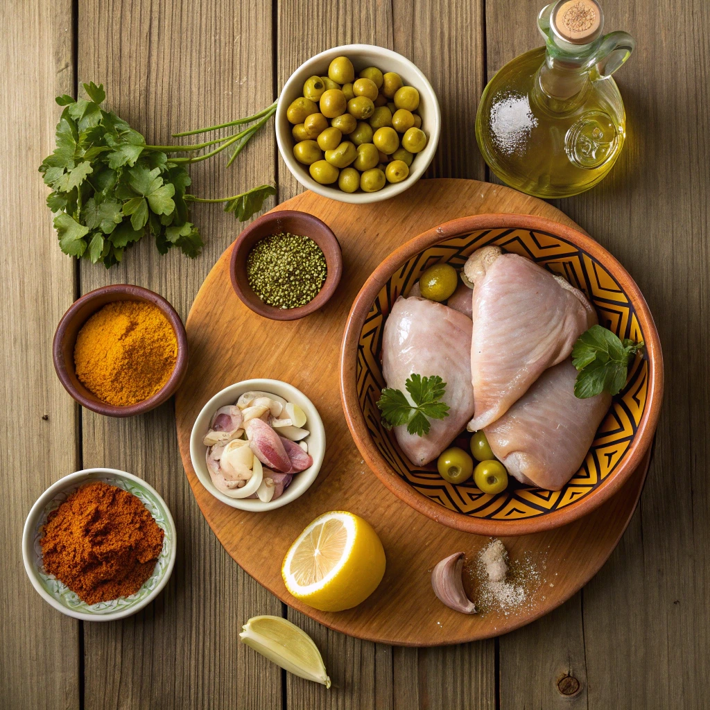 Ingrédients tajine poulet olive avec cuisses de poulet, olives vertes, citron, ail, épices et huile d’olive