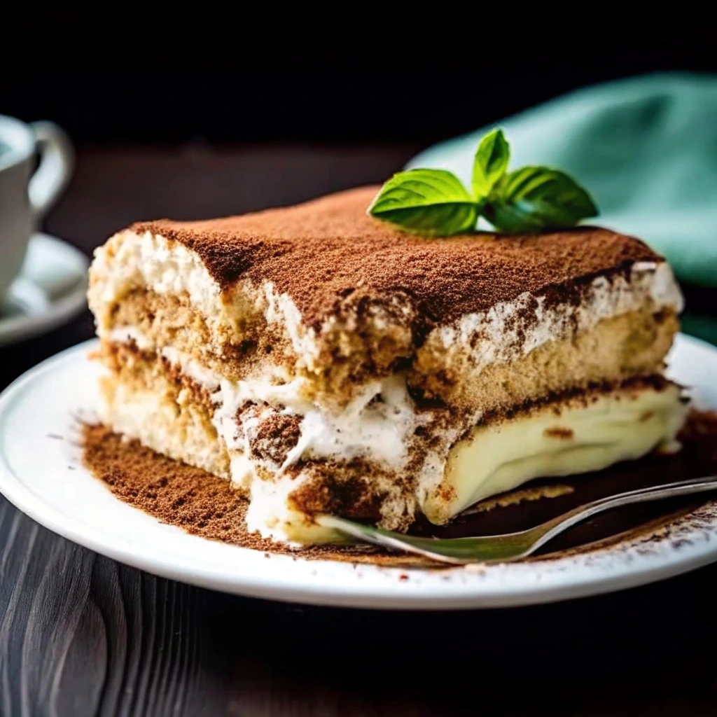 tiramisu italien ferme avec couches de mascarpone et biscuits imbibés de café saupoudrée de cacao