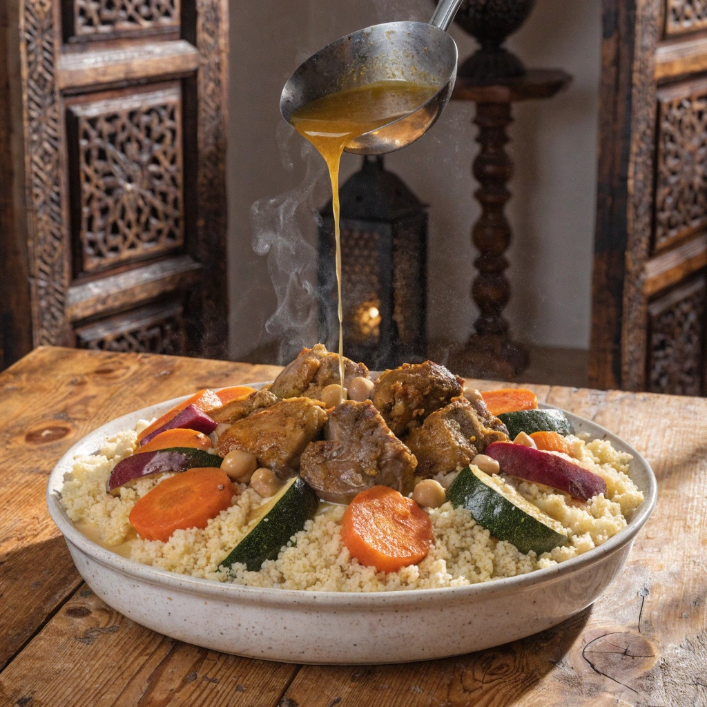 Couscous marocain aux 7 légumes avec semoule légère, carottes, courgettes, pommes de terre et pois chiches