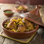 Tajine poulet olive avec citron confit et sauce onctueuse servi dans un plat en terre cuite marocain