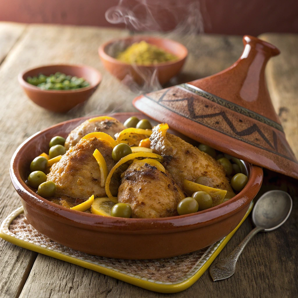 Tajine poulet olive avec citron confit et sauce onctueuse servi dans un plat en terre cuite marocain