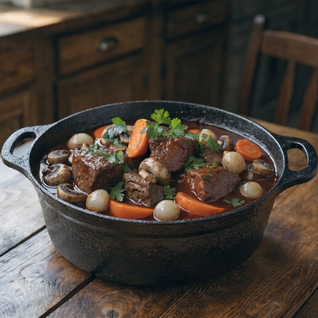 Boeuf bourguignon traditionnel en cocotte avec viande fondante, carottes, champignons et oignons grelots