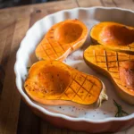 Butternut au four coupée en deux avec chair fondante et quadrillage avant cuisson